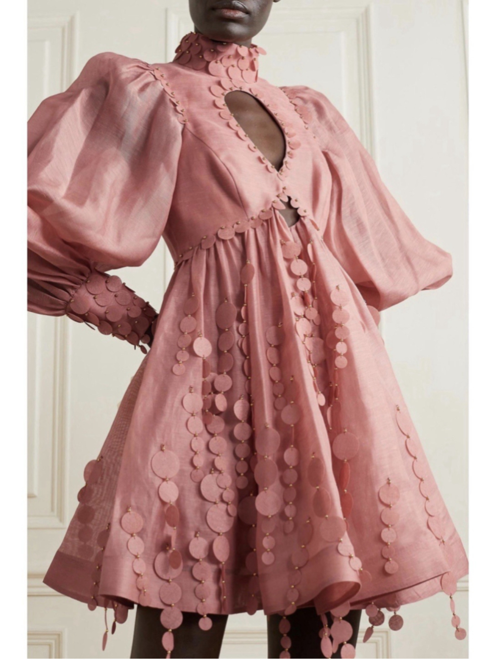 Zimmermann 0 Concert Disc Pink Cutout Mini Dress Puff Sleeve Linen Silk Appliqué - Picture 6 of 15
